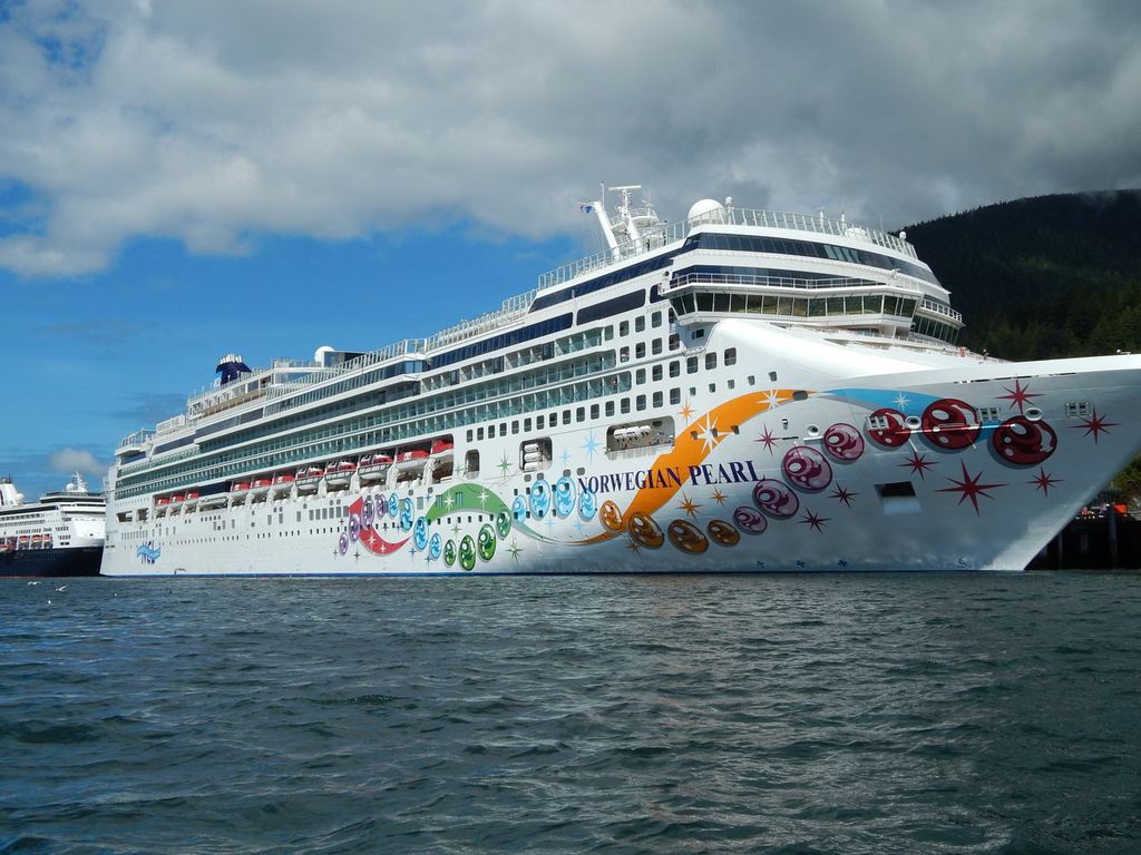 a large cruise ship wth a colorful design on the side in Alaska