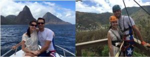 two photos of a honeymoon couple sailing and ziplining in St. Lucia