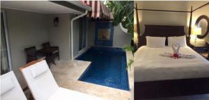 two photos of the private pool and bed of the St. Lucia resort