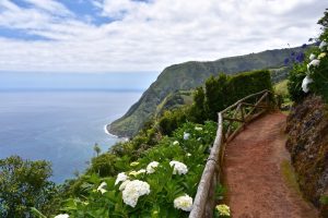 a path lined with flowers overlookign the mountains and blue sea of the Azores Islands Portugal