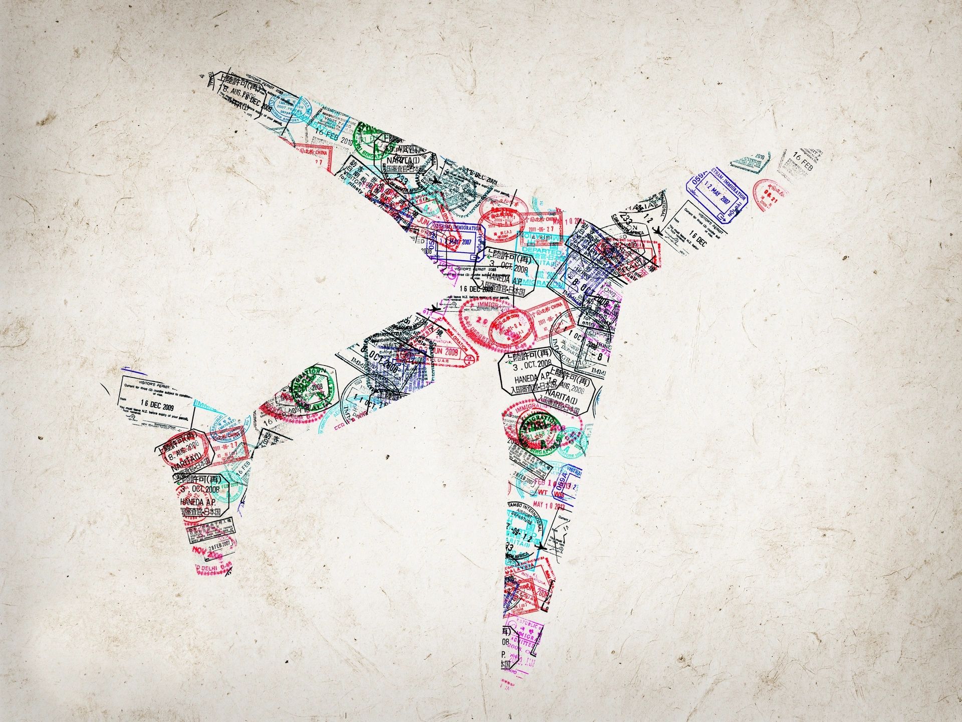 airplane made of passport stamps