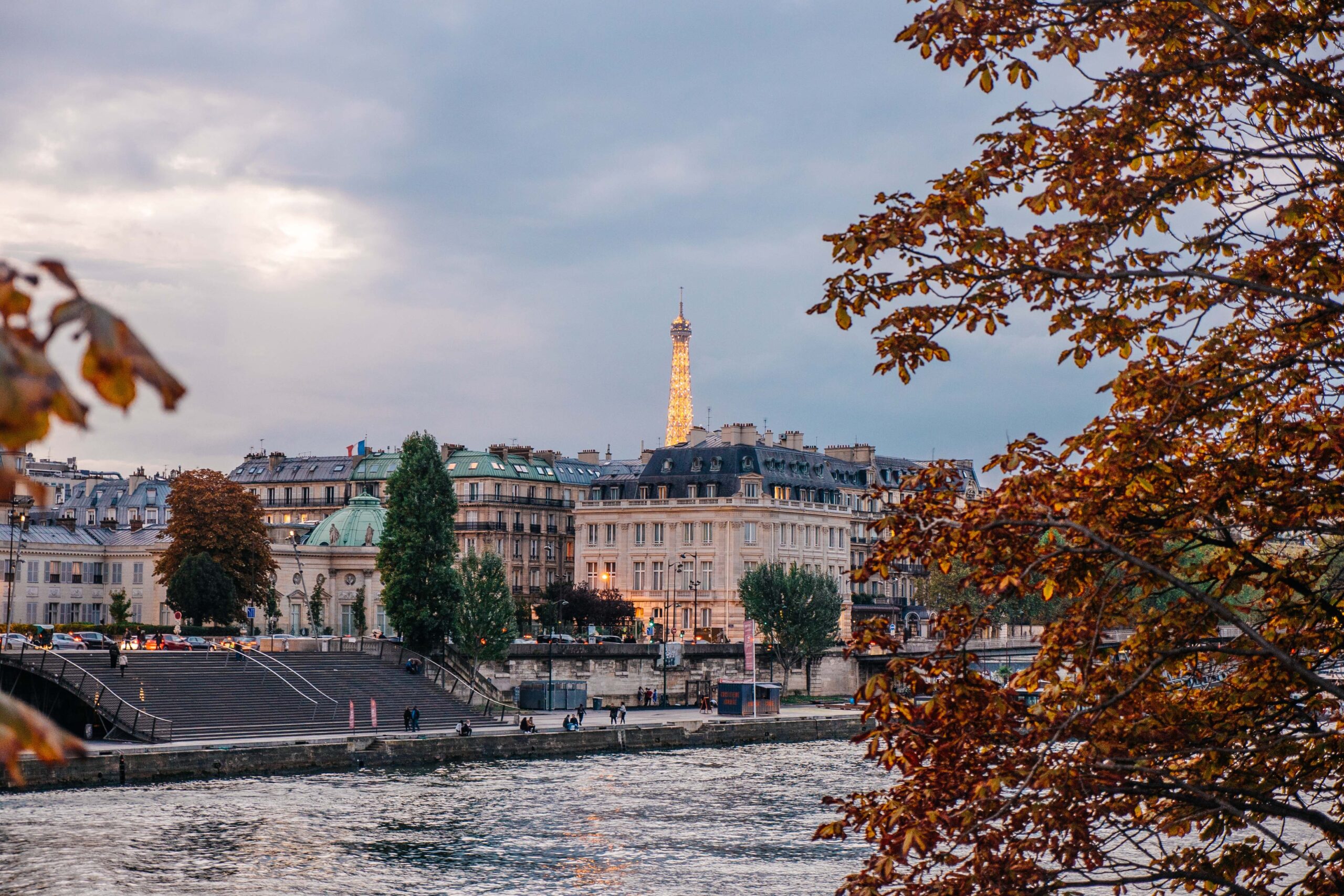 fall leaves frame a view of Paris from across the river