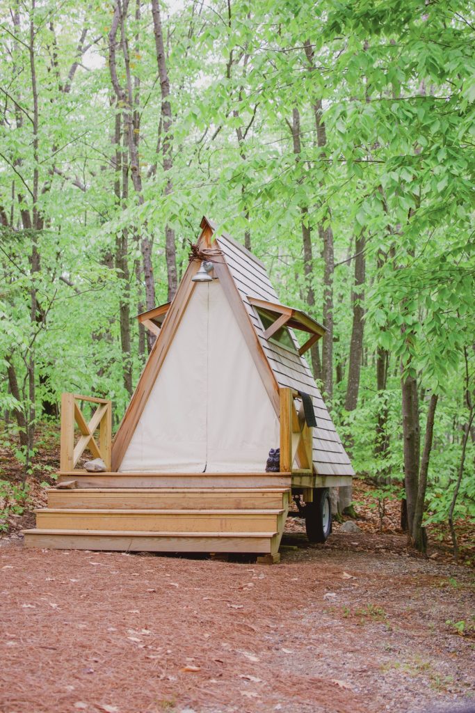 a small glamping or luxury camping tent in the middle of the forest