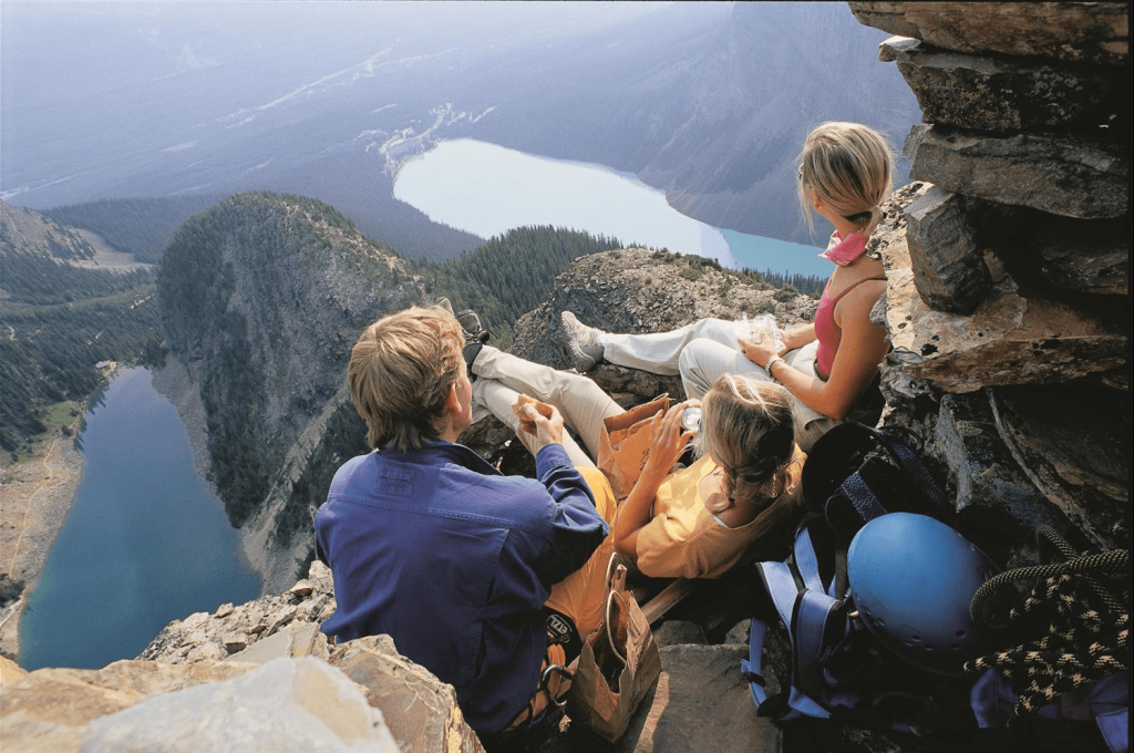 after climbing up the rock face you can sit back an enjoy the stunning view of the Canadian Rockies