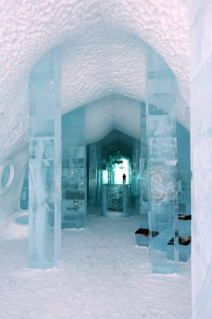 inside of an ice hotel coated with snow