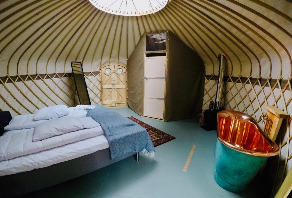 The interior of a luxury camping yurt in norway