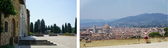 two photos one of the san miniato courtyard and one of the view of Florence Italy from the courtyard