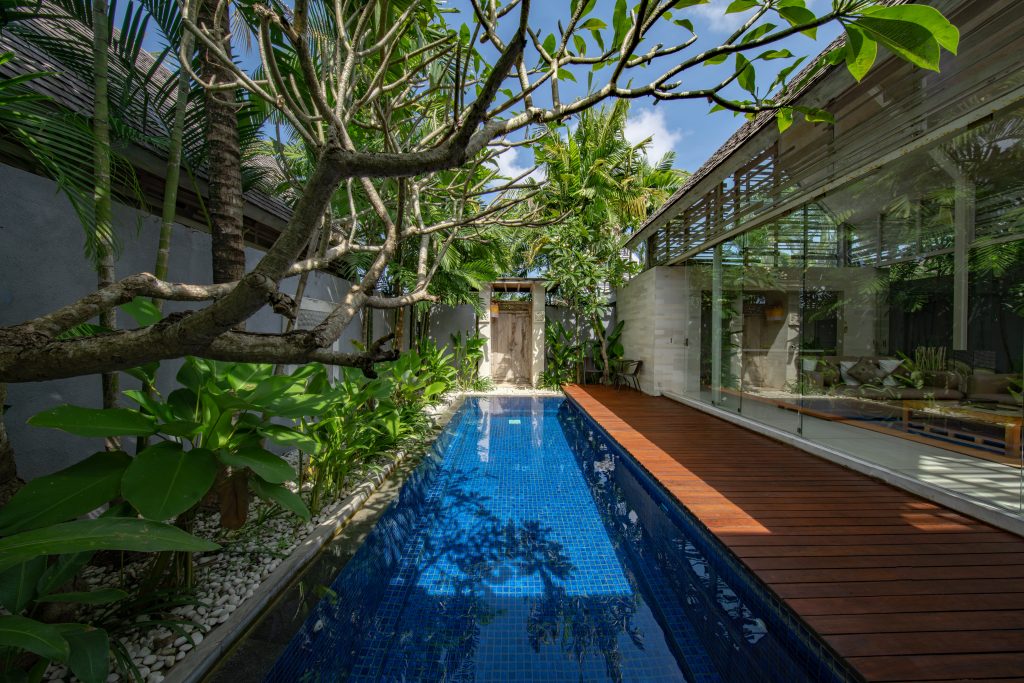 a pool and back deck surrounded by trees and greenery at a villa in bali