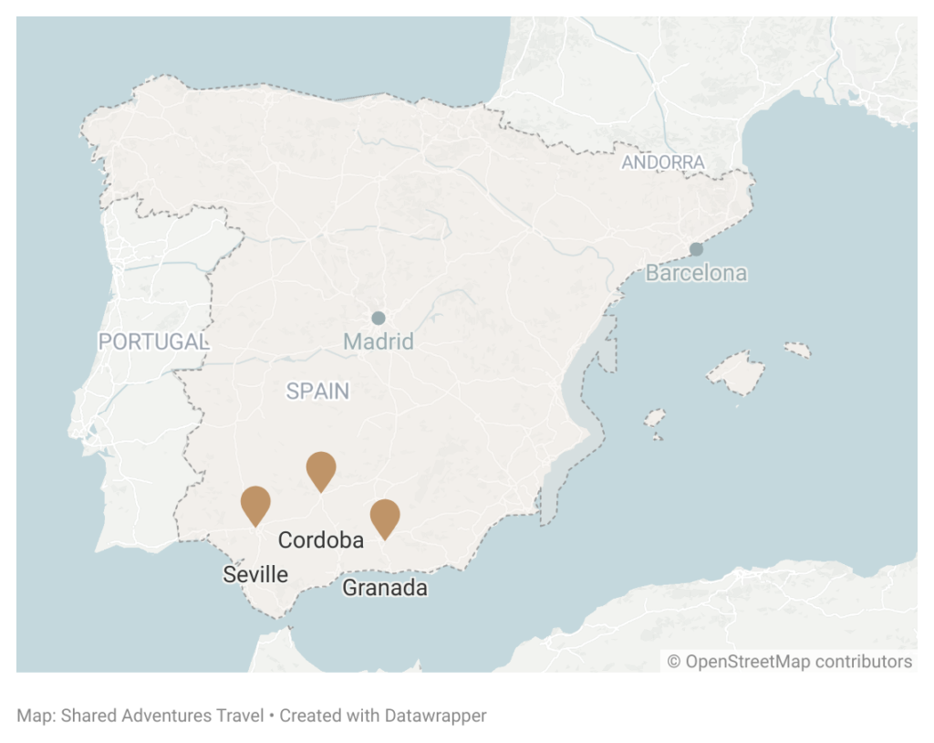 map of Seville, Grenada and Cordba the Southern Spain adventure