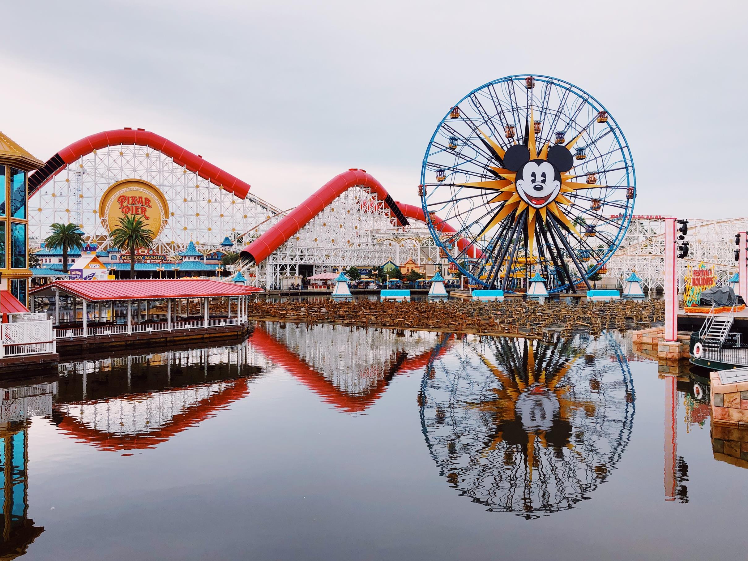 the water, ferris wheel and roller coaster of Disneyland's California Adventures Theme Park