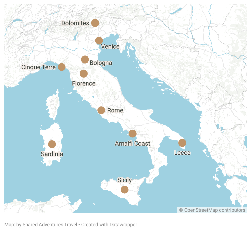 a map of Italy with favorite cities highlighted
