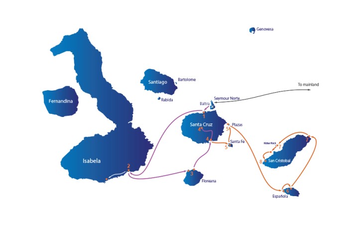 A map of Ann's Galapagos Itinerary