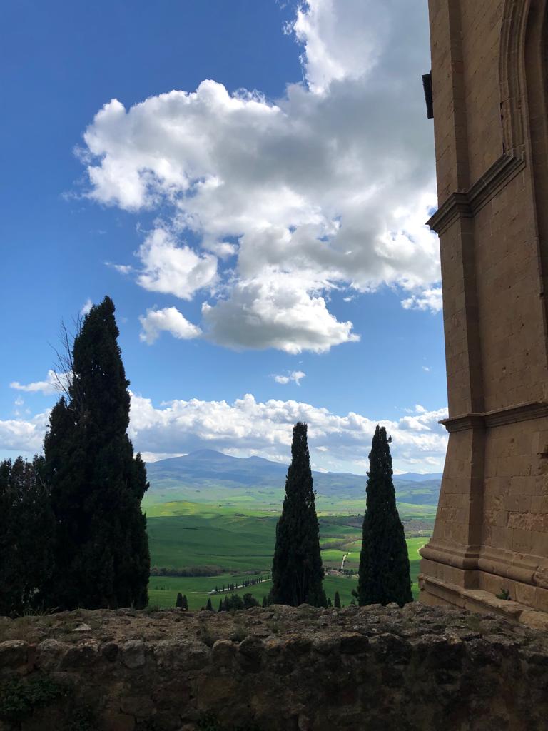 looking out from a stone wall on the classic trees and rolling hills of tuscany