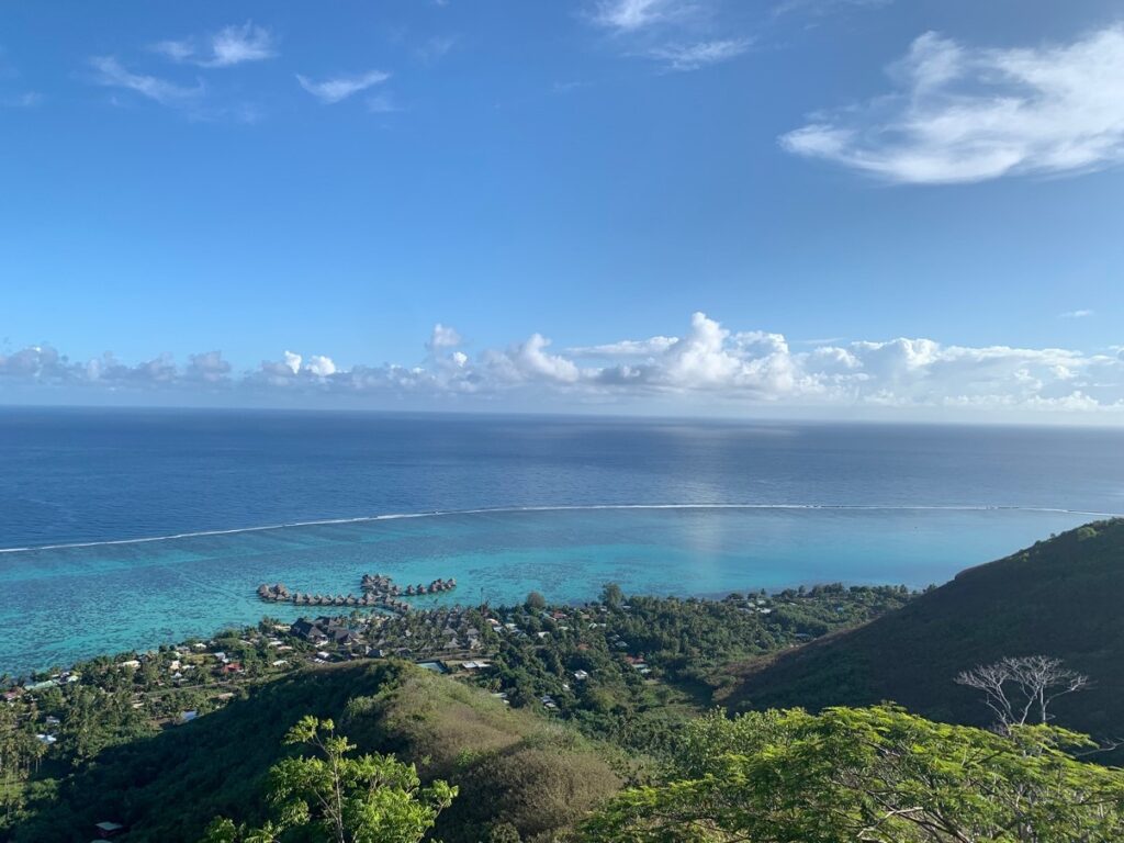 a view of the Hilton Moorea resort from the hike up Mount Rotui. Green trees, blue waters and a perfect place for a Tahiti honeymoon