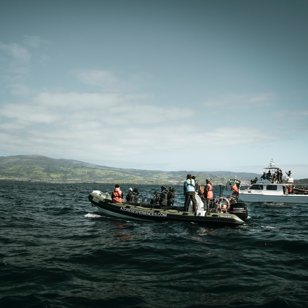 groups in small boats watch for whales on the Azores 