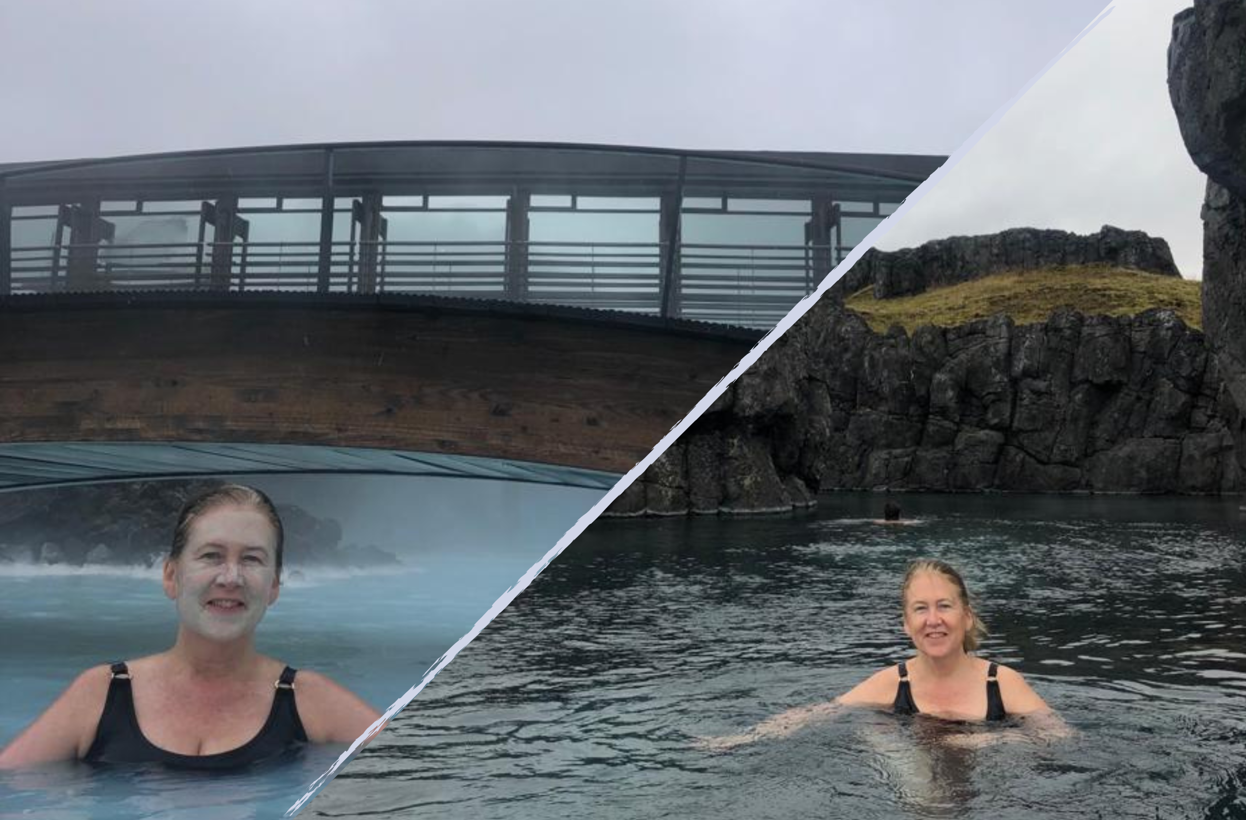 Split photo of Ann in both the Blue Lagoon and Sky Lagoon in Iceland